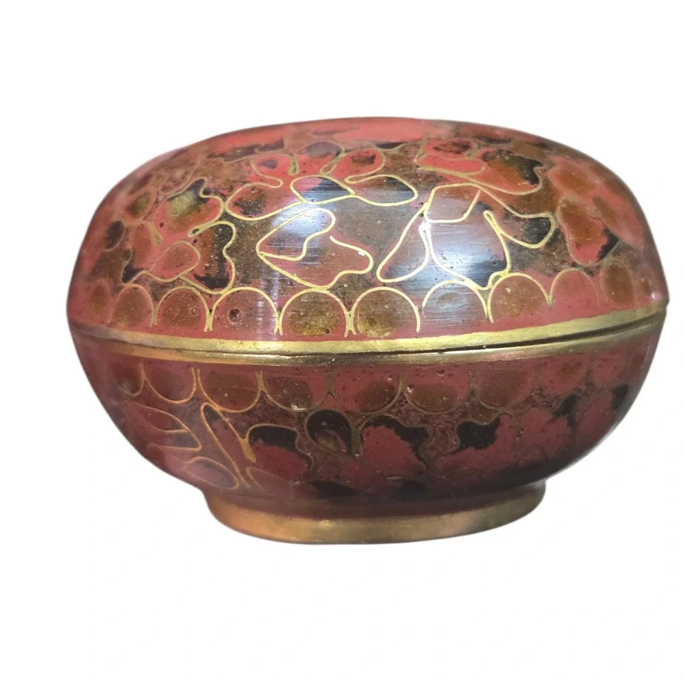 Vintage Asian Cloisonné Enamel Brass Round Lidded Trinket Box Blue Interior 2